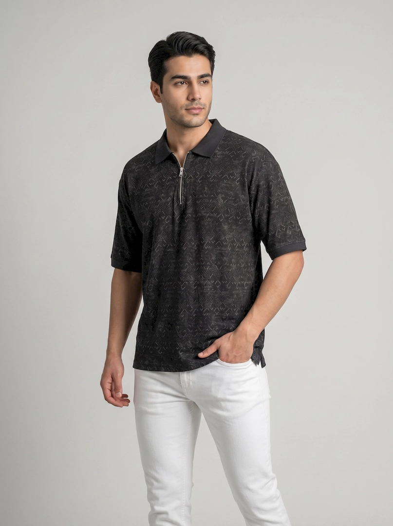 تیشرت چاپی نیم زیپ مردانه 10070